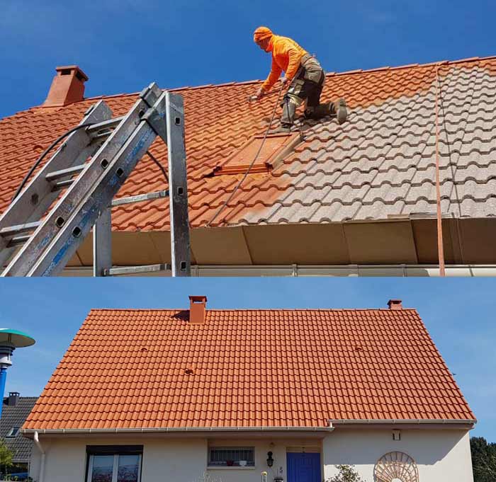Nettoyage et démoussage toiture - PROHENRY COUVREUR : Artisan couvreur dans toute la Normandie et les Deux-Sèvre (79) : Nettoyage, démoussage toiture, traitement anti mousse et application d’une peinture résine hydrofuge colorée pour toit