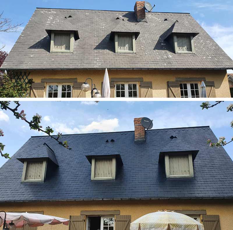Nettoyage et démoussage toiture - PROHENRY COUVREUR : Artisan couvreur dans toute la Normandie et les Deux-Sèvre (79) : Nettoyage, démoussage toiture, traitement anti mousse et application d’une peinture résine hydrofuge colorée pour toit
